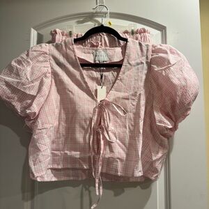 Mable Pink Plaid Puff-Sleeve Tie-Front Top & Shorts Set